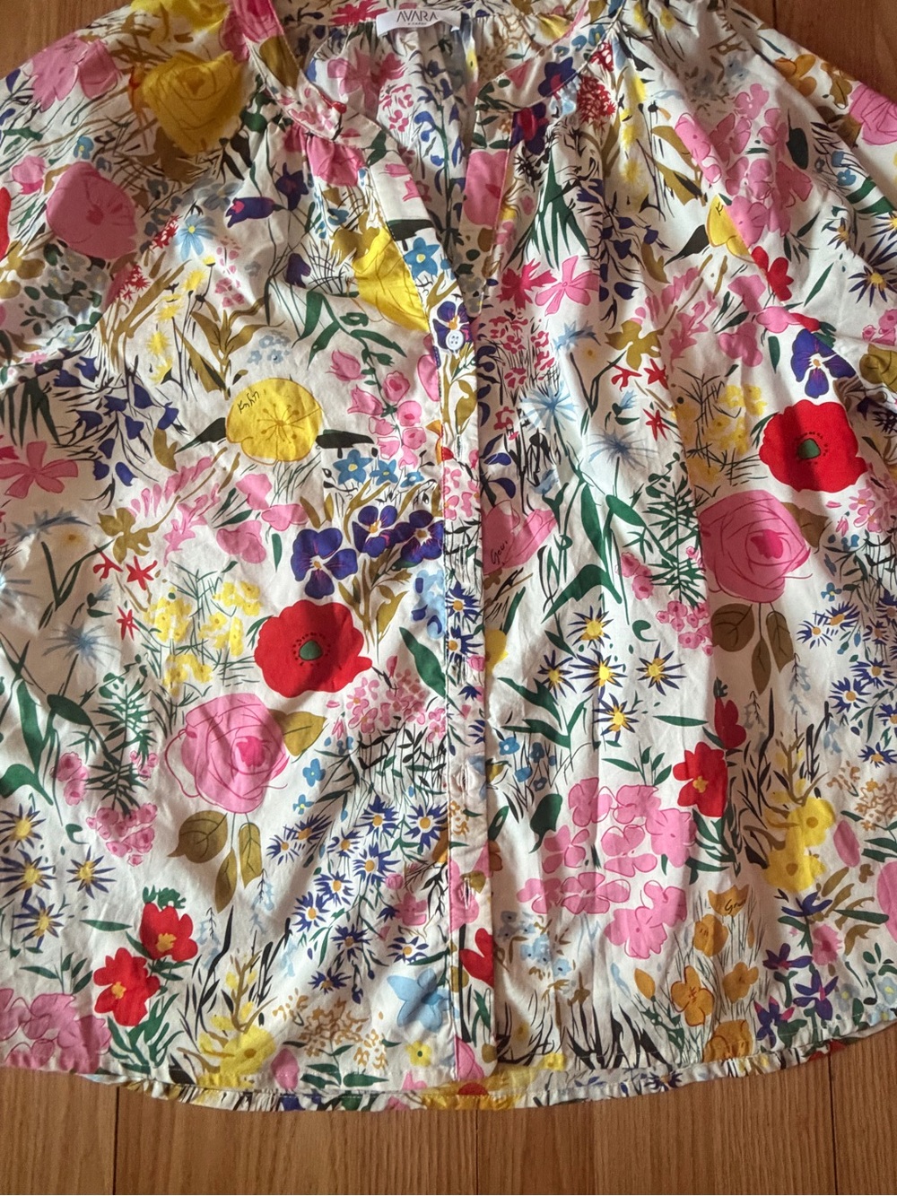 Avara Women's Multicolor Floral Cotton Button Up Blouse Balloon 3/4 Sleeve Sz XL - Picture 2 of 10